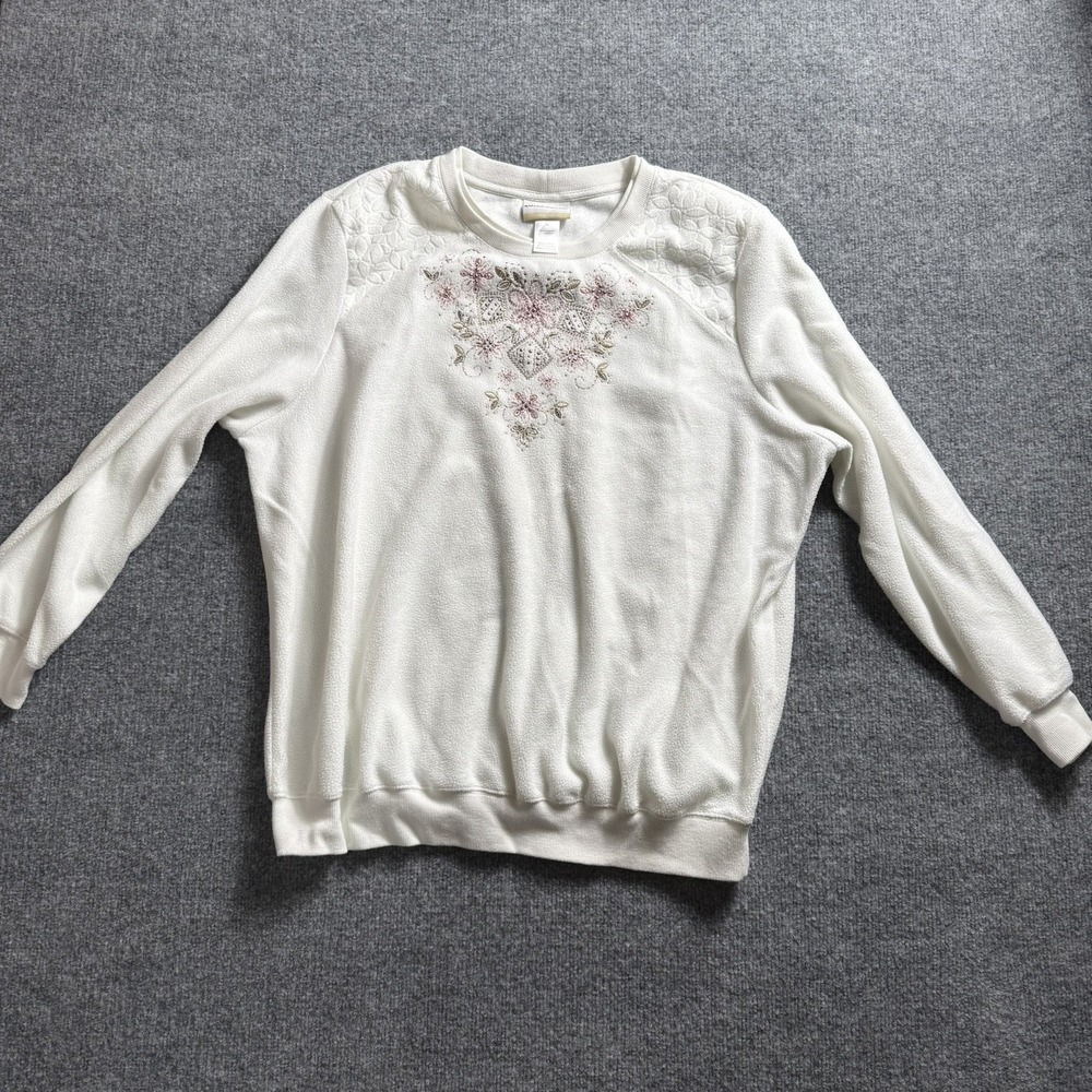 Alfred Dunner White Fleece Sweatshirt Womens Floral Embroidered Crewneck Sz 1X
